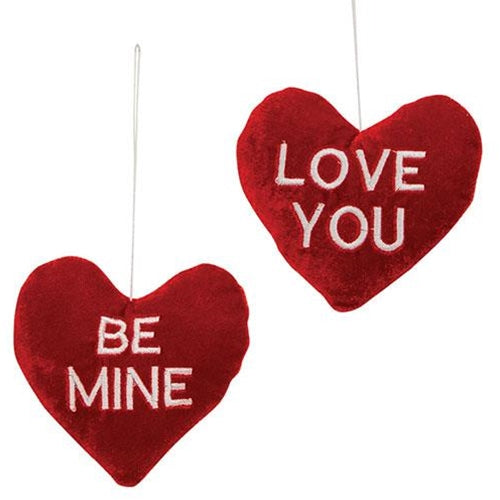 Set of 2 Valentine's Embroidered Red Velvet Heart Ornaments