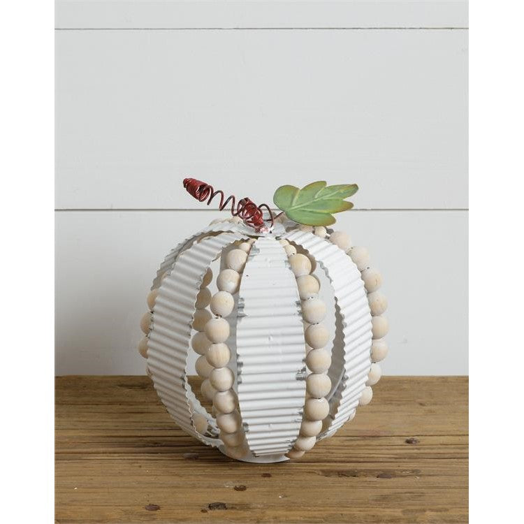 Corrugated Metal And Beads 7.5" H White Pumpkin