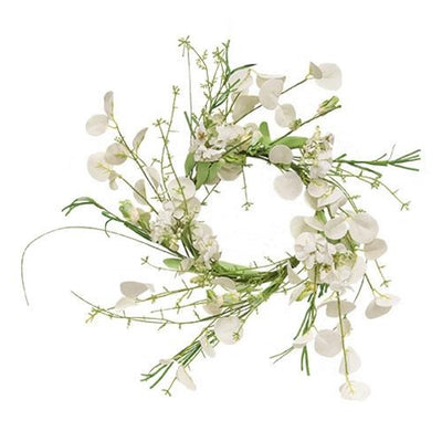 💙 White Wild Flowers and Silver Dollar 14" Faux Floral Wreath