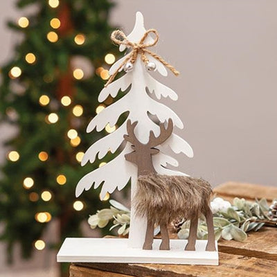 Winter Tree and Deer Cutout Wood 9" Sitter