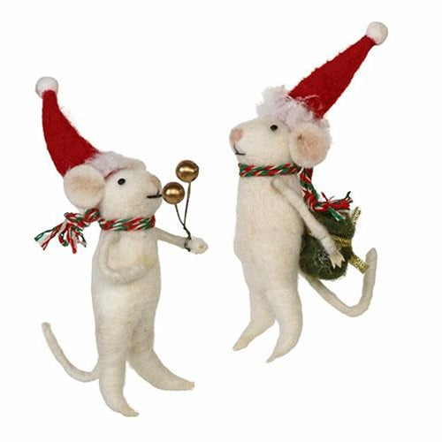 Set of 2 White Christmas Felt Mice Ornaments