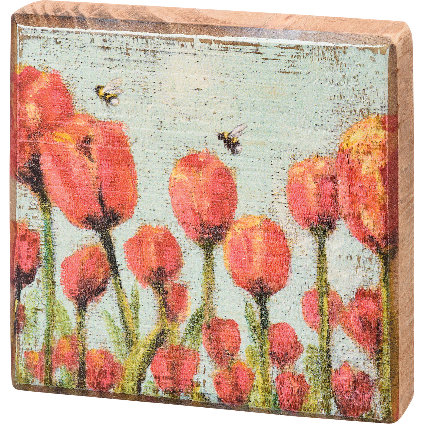 💙 Red Tulips with Bees Small Block Sign