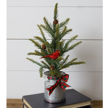 Evergreen Tree in Milk Can with Cardinal and Mini Cones