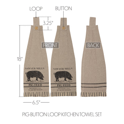 Set of 2 Sawyer Mill Charcoal Pig Button Loop Kitchen Towels