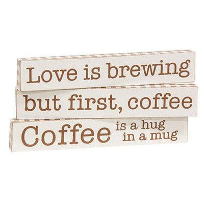Set of 2 Coffee Mini Stick Signs - Love is Brewing But First Coffee