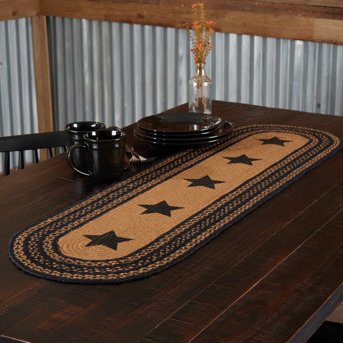 💙 Farmhouse Stencil Stars Black and Tan Table Runner 13" x 48"