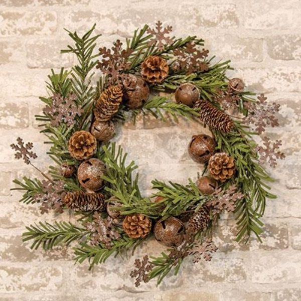 Rusty Glitter Bell & Snowflake Pine 22 in Faux Wreath