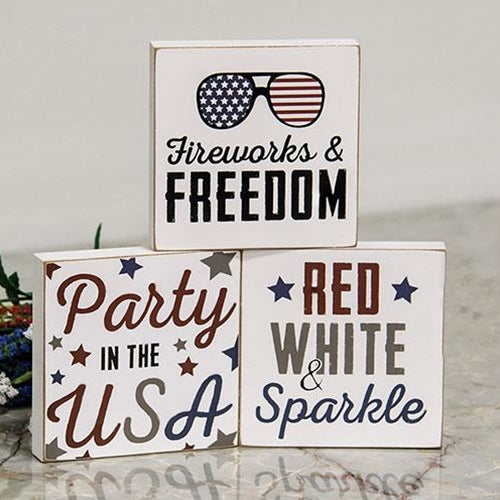 Set of 3 Red White & Sparkle Small 4th of July Blocks