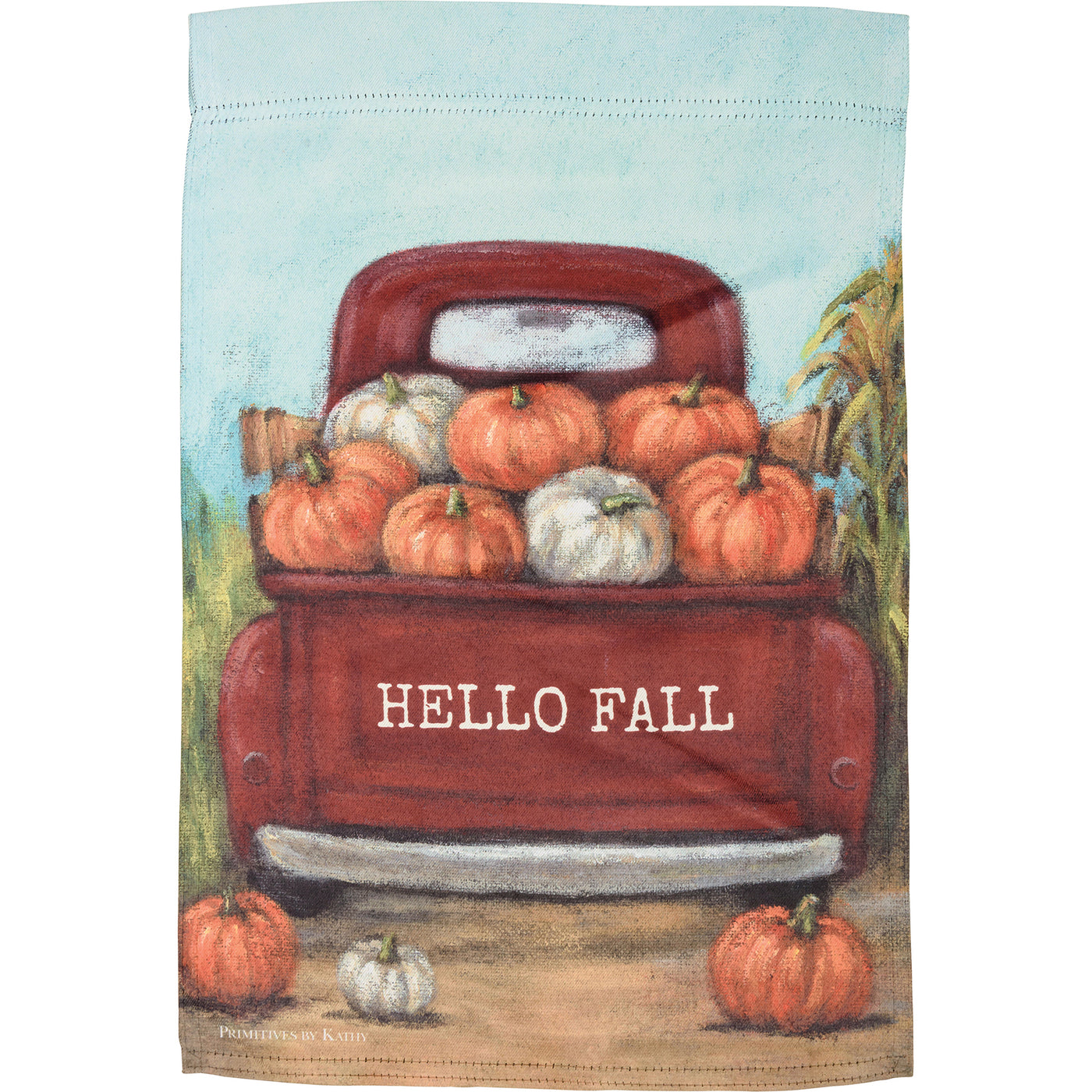💙 Hello Fall Garden Flag Red Truck Pumpkins