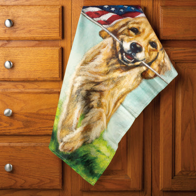 Surprise Me Sale 🤭 Running Golden Retriever Dog with American Flag Dish Towel