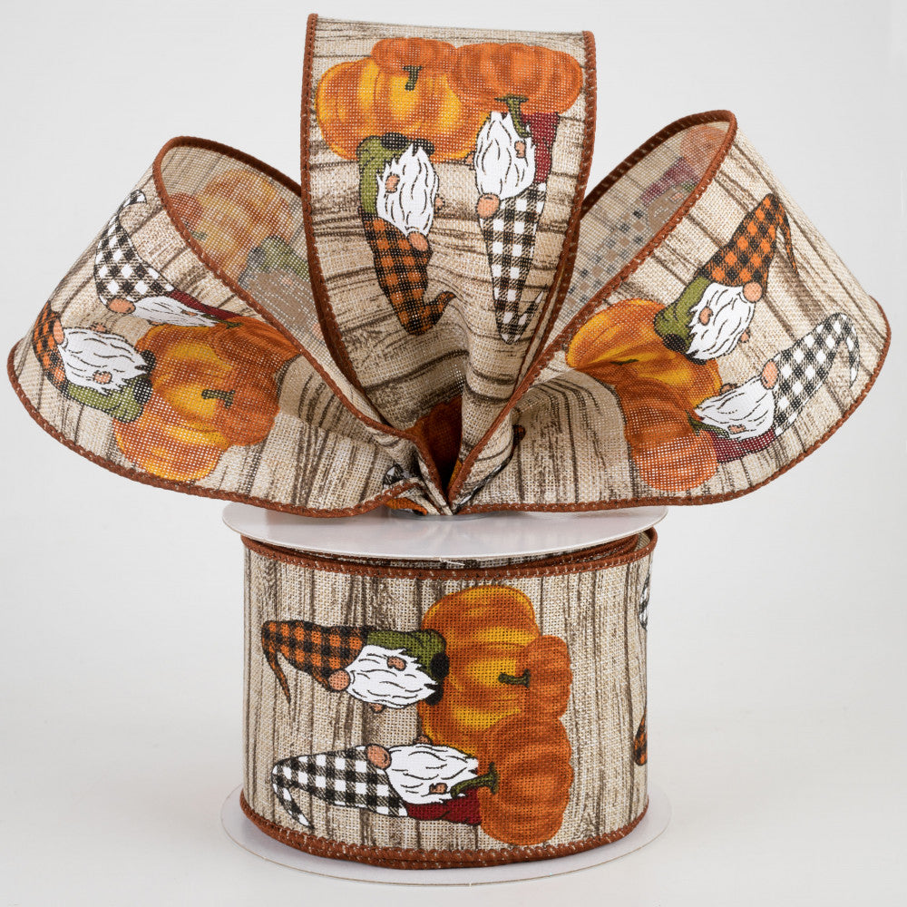 Gnomes & Pumpkins on Wood Textured Ribbon 2.5" x 10 yards