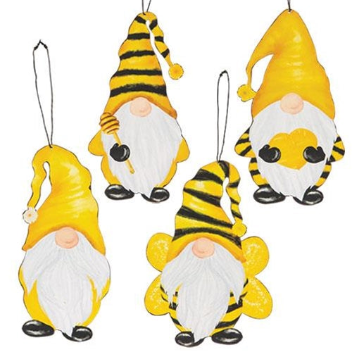 Set of 4 Gnome Bee Metal Ornaments