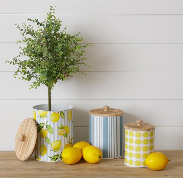 Set of 3 Lemon & Blue Striped Canisters with Lids