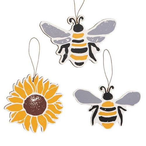 💙 Set of 3 Bees & Sunflower Wooden Ornaments