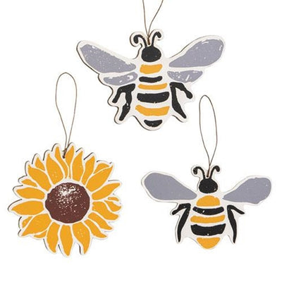 💙 Set of 3 Bees & Sunflower Wooden Ornaments