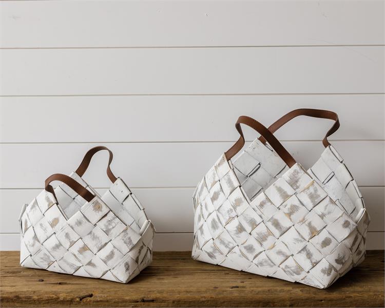 Set of 2 Whitewash Chipwood With Leather Handle Baskets