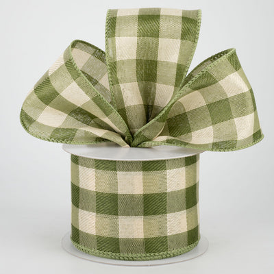 Moss and Ivory Linen Check Plaid Ribbon 2.5" x 10 yards