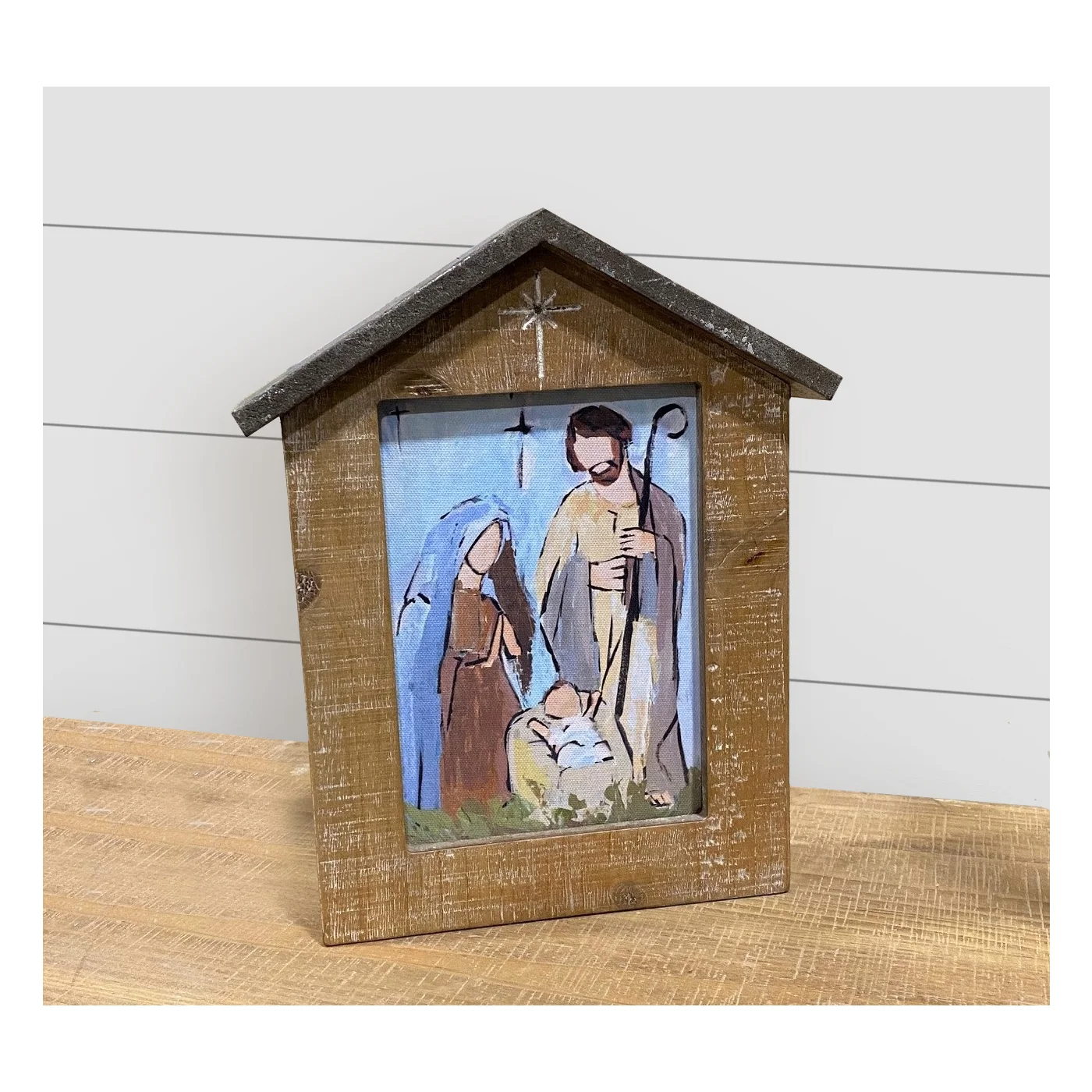 Nativity Canvas in Wooden House Block Frame 10" H