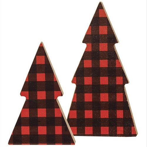 💙 Set of 2 Black & Red Buffalo Plaid Wooden Trees