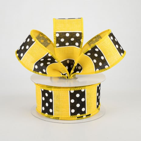 Black & White Polka Dot Yellow Stripes Ribbon 1.5" x 10 yards