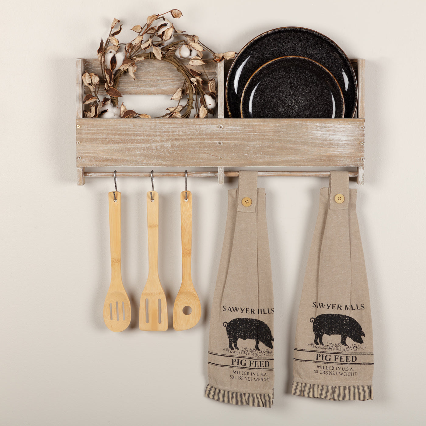 Set of 2 Sawyer Mill Charcoal Pig Button Loop Kitchen Towels