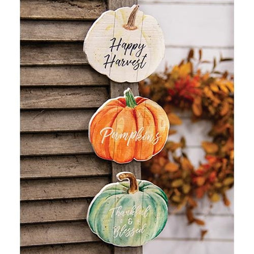 Set of 3 Fall Watercolor Pumpkin Wooden Signs