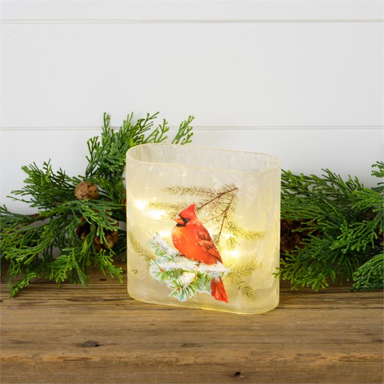 Cardinal On Snowy Branch Frosted Glass Luminary