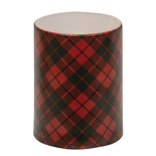 Red Plaid Timer 3" x 4" LED Pillar Candle