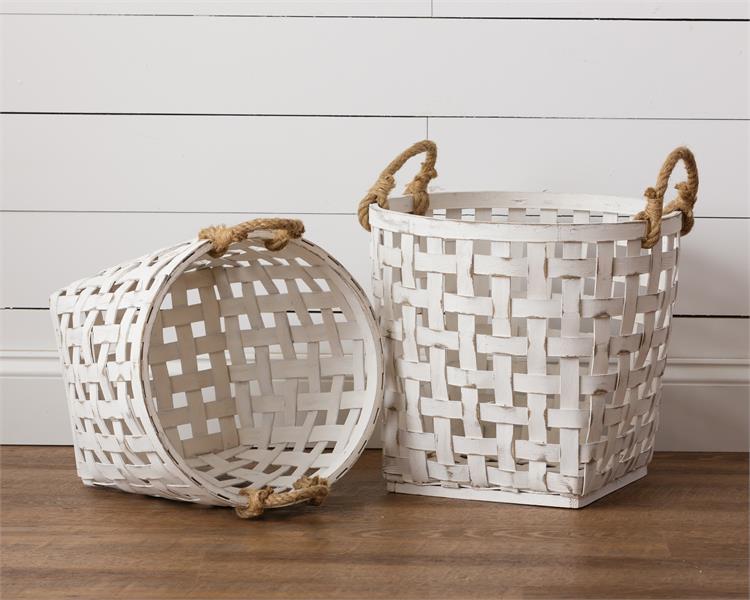 Set of 2 Antiqued White Tobacco Basket Bins