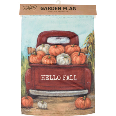 💙 Hello Fall Garden Flag Red Truck Pumpkins