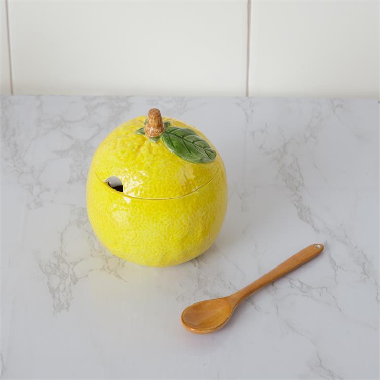 Bright Yellow Lemon Ceramic Container with Spoon