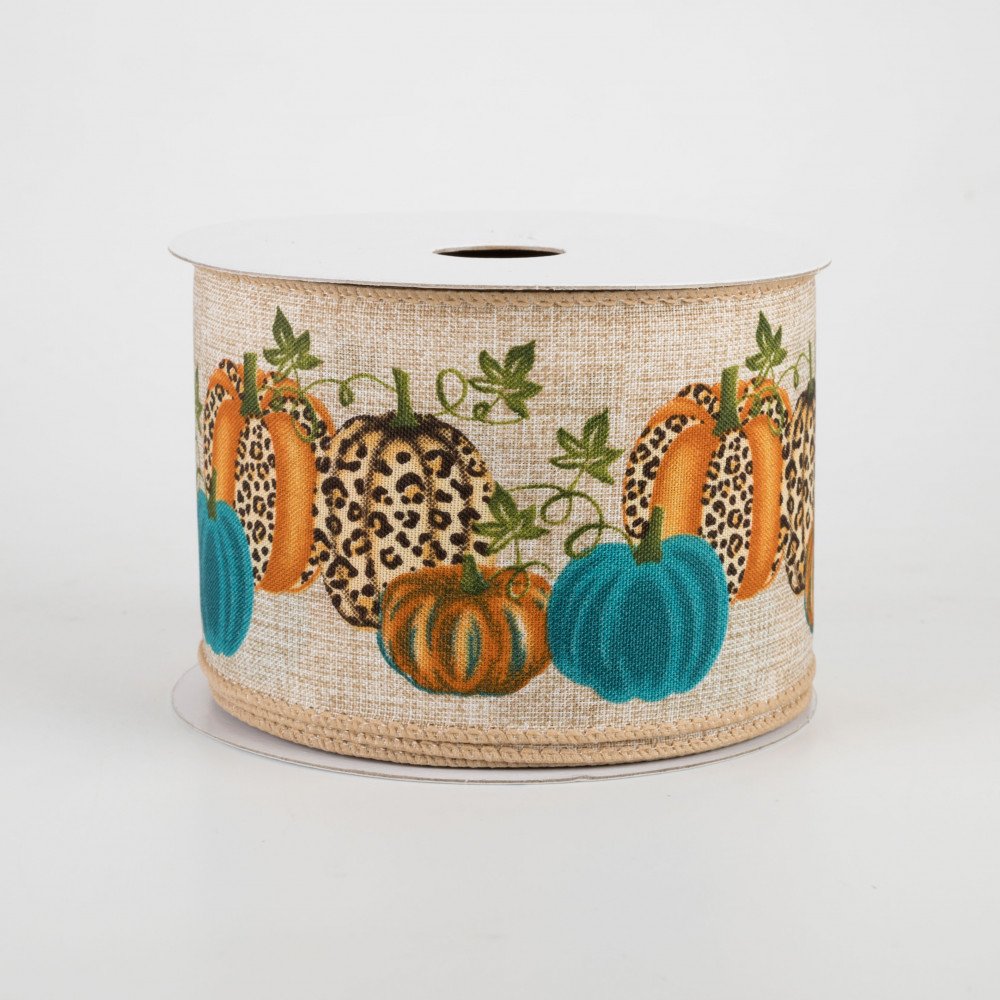 Cheetah & Teal Pumpkins on Natural Ribbon 2.5" x 10 yards