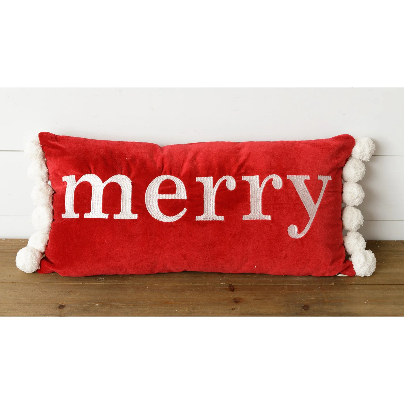 Merry Velvet Pom Pom 24" Christmas Pillow