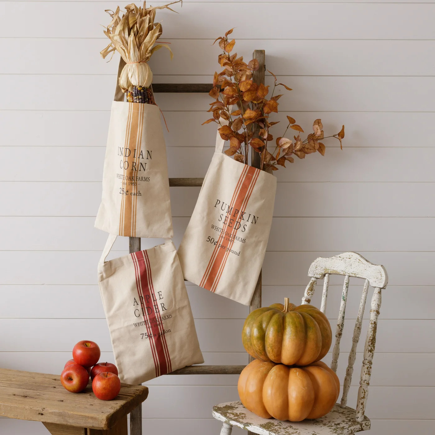 Set of 3 Pumpkin Apple and Corn Grain Sack Bags