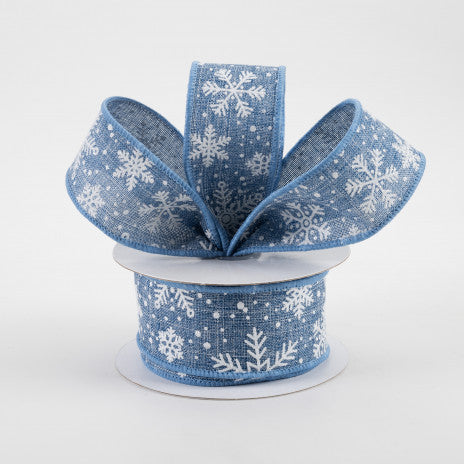 Denim Blue & White Glitter Snowflakes Ribbon 1.5" x 10 yards