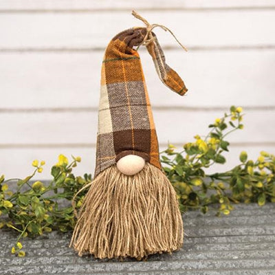 Autumn Gnome With Fall Plaid Hat and Jute Beard 15" H