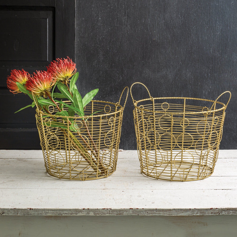 Set of Two Gold Rustic Wire Baskets