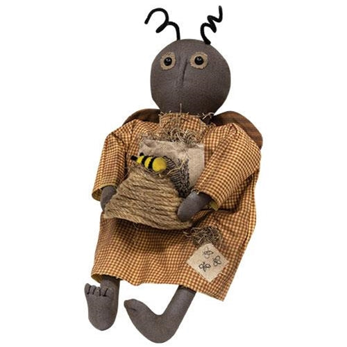 Primitive Bee Dressed Doll Holding a Bee Skep