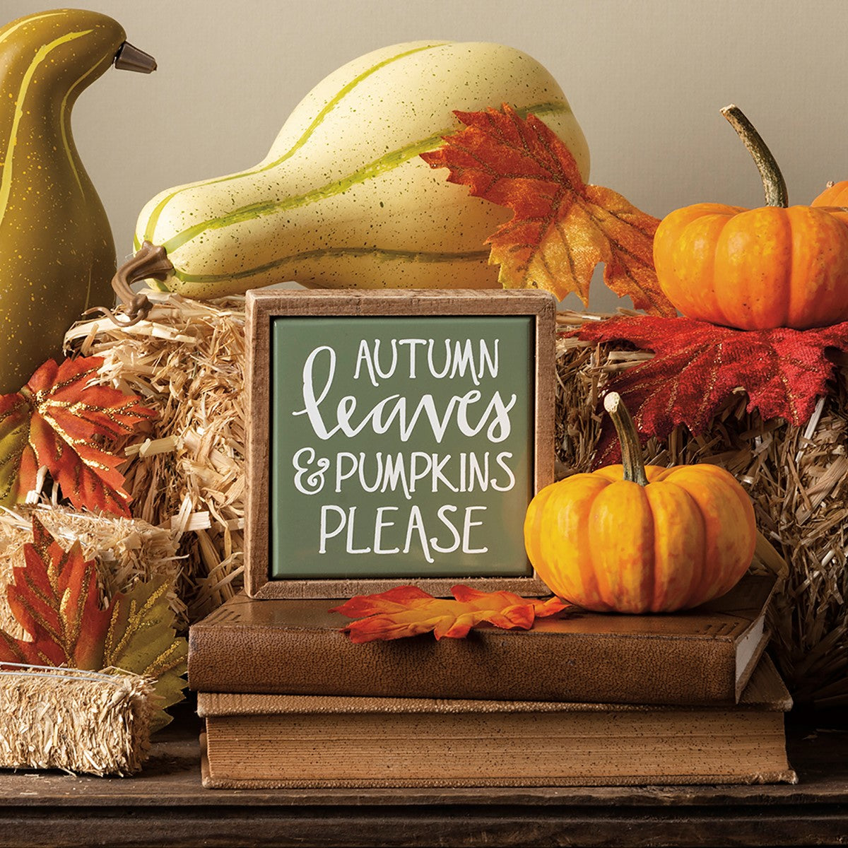 Autumn Leaves & Pumpkins Please Mini Block Sign