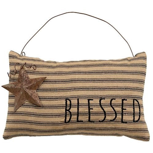 Blessed Ticking Stripe Pillow Ornament With Rusty Star