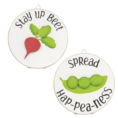 Set of 2 Veggie Puns Beets and Peas Mini Round Easel Signs