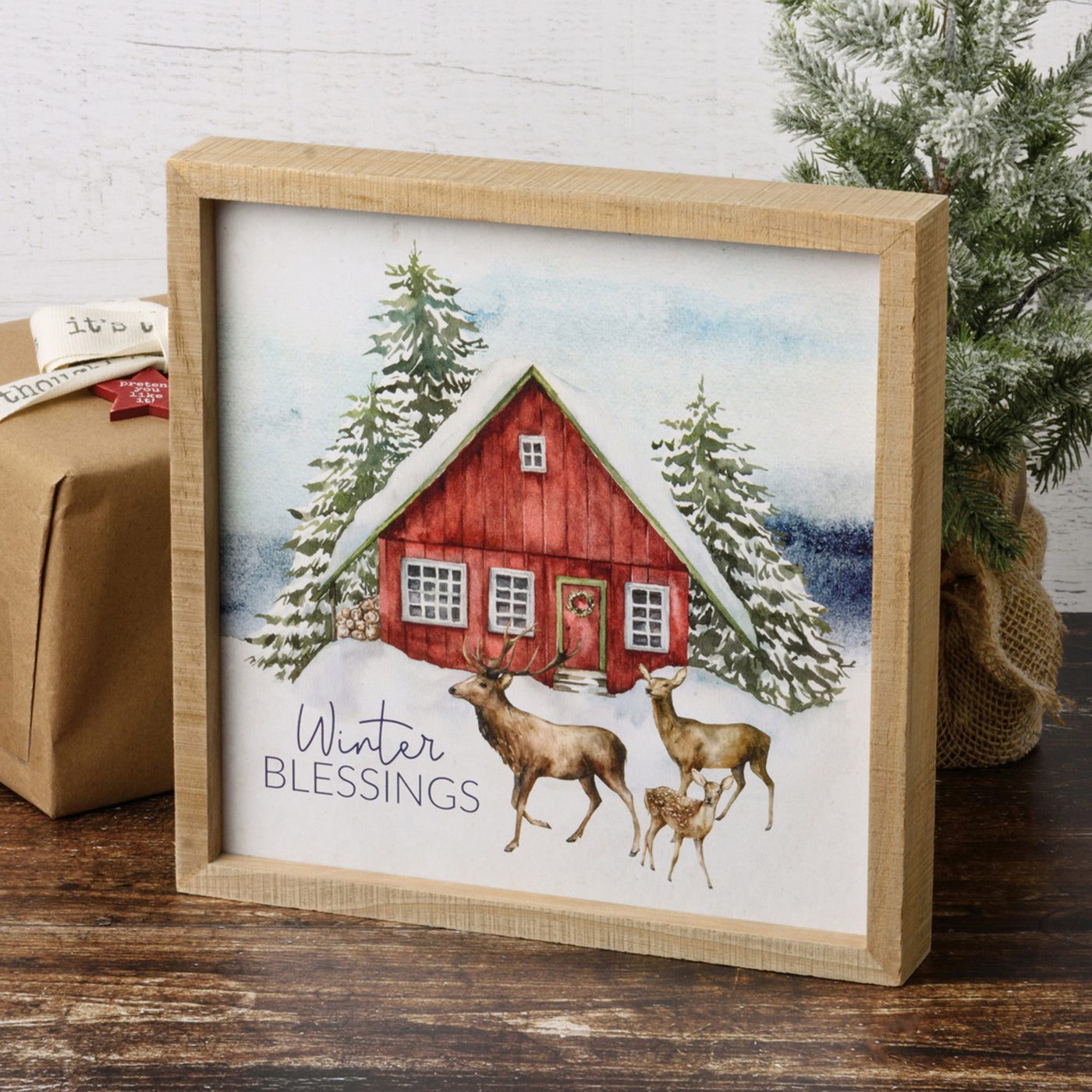 Surprise Me Sale 🤭 Winter Blessings Deer and Red Cabin 12" Inset Box Sign