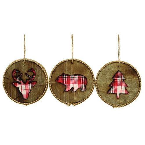 Set of 3 Wooden Plaid Cutout Ornaments