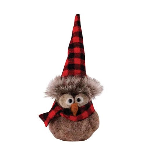Sitting Owl with Red & Black Plaid Hat Ornament