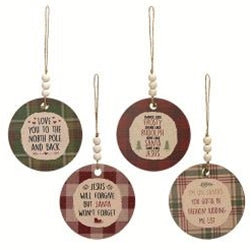 Set of 4 Christmas Sentiments Plaid Ornaments