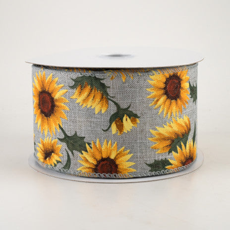 💙 Sunflowers & Leaves on Grey Ribbon: Grey 2.5" x 10 Yards
