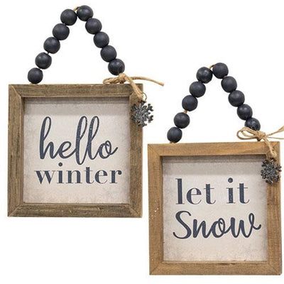 Set of 2 Let it Snow & Hello Winter Beaded Hanging Signs