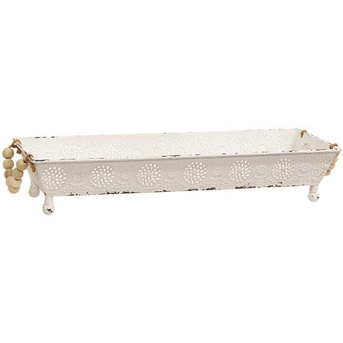 Cottage Chic Ornate Metal Tray With Bead Handles