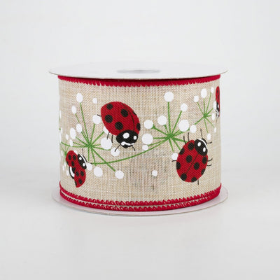 💙 Ladybugs & Dandelions on Natural Ribbon 2.5" x 10 yards