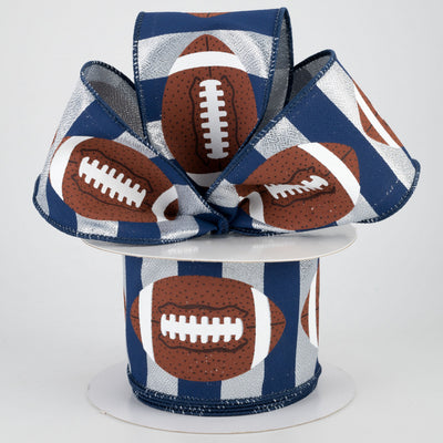 Footballs on Silver and Navy Blue Stripe Ribbon 2.5" x 10 yards